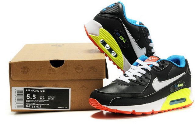 Womens Nike Air Max 90 Shoes Black White Blue Lacquer Red - Click Image to Close